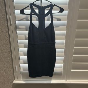 Small suede like navy blue mini dress with caged neckline EUC